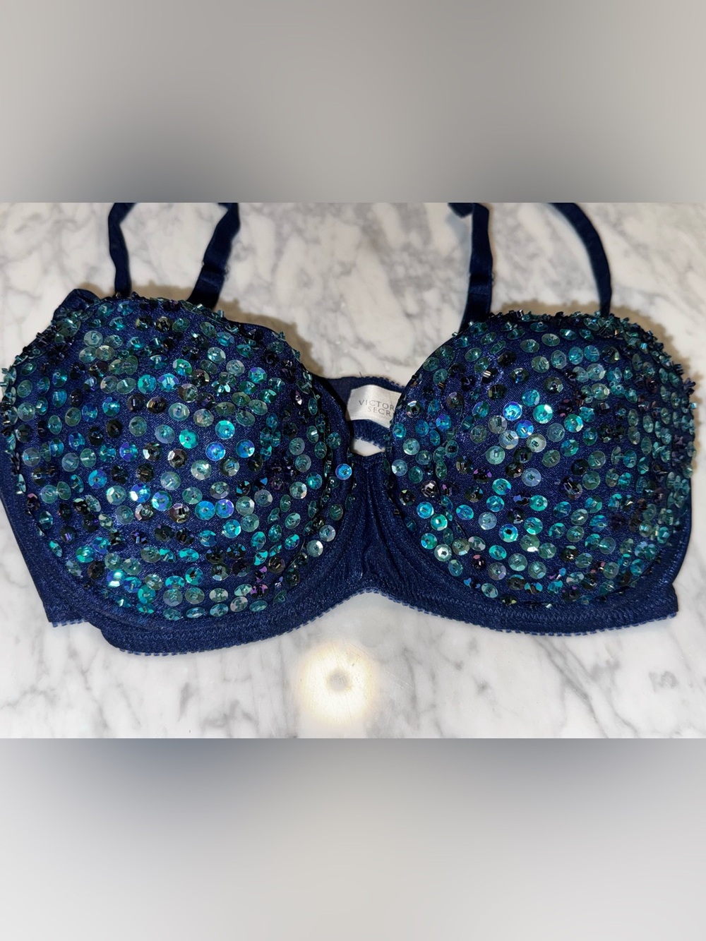 Rare Victoria's Secret Vintage 90s Navy Blue Sequin Push-Up Bra - Picture 3 of 9